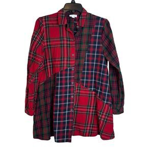J Jill Tunic Red Multi Mixed Plaid Button Up Shirt Pockets Long Sleeve Flanel XS